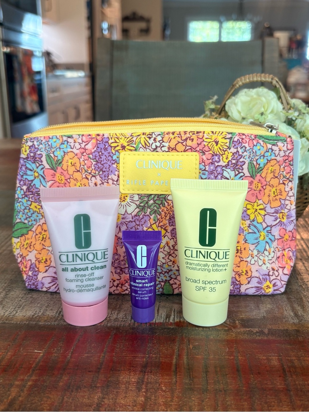 NEW Clinique x RIFLE PAPER CO Cosmetic BAG with THREE (3) Travel **MUST HAVES**
